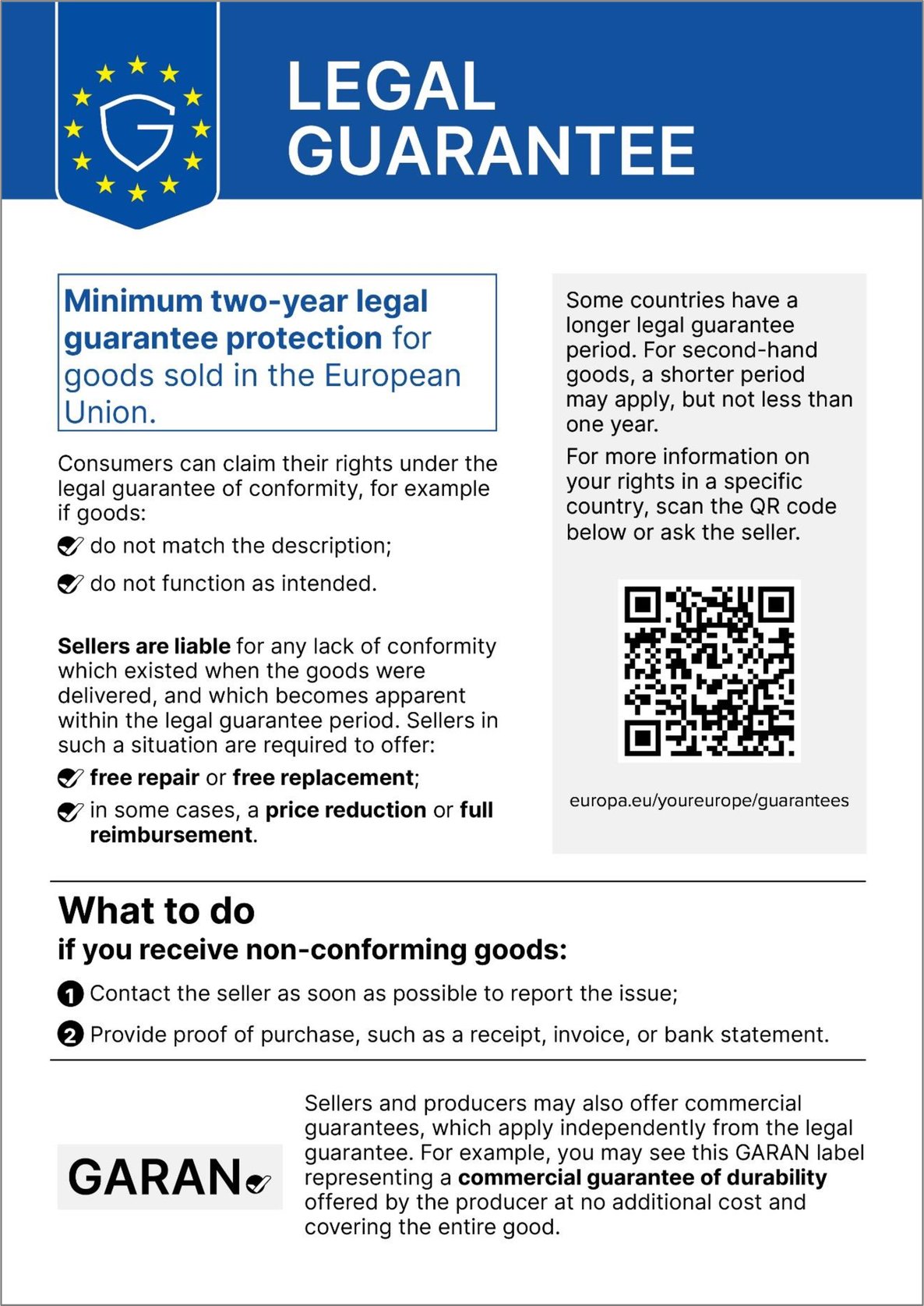 Legal guarantee: the EU harmonised notice on the two-year legal guarantee of conformity