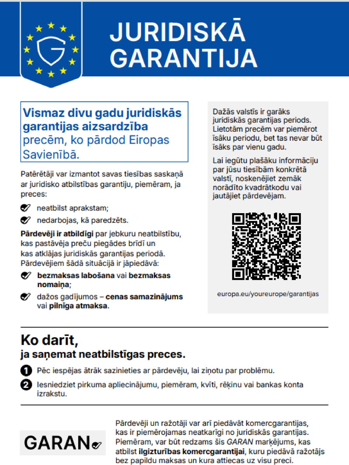 Юридическая гарантия: согласованное уведомление ЕС о двухлетней юридической гарантии соответствия (на латышском языке)